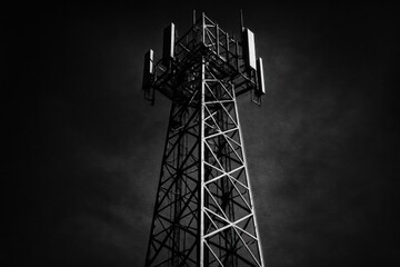 Tall communication tower against a dark background, showcasing its structure and antennas.