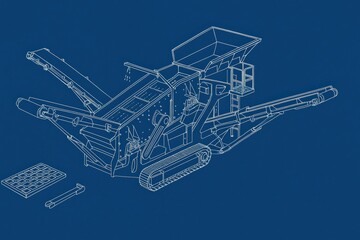 Technical blueprint of a heavy machinery excavator on a blue background.