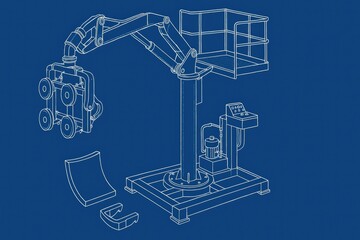 Technical blueprint of a lifting machine with an articulated arm and platform.