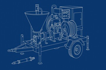 Technical blueprint of a mobile industrial machine with a conical hopper and control panel.