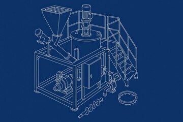 Technical illustration of industrial machinery with detailed components on a blue background.