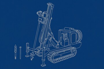 Technical line drawing of a drilling machine on a blue background with equipment parts.