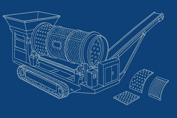 Technical illustration of a machinery component with a perforated drum and conveyor system.