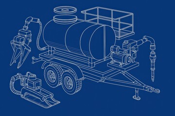 Technical illustration of a trailer-mounted equipment system with a storage tank and tools.