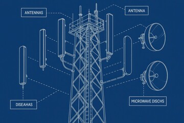 Technical illustration of a telecommunications tower with labeled components.