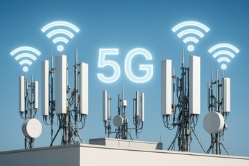 Telecommunications antennas on a rooftop with glowing 5G sign and waves.
