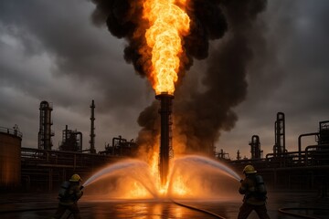 Two firefighters combat a large flame and smoke at an industrial site.