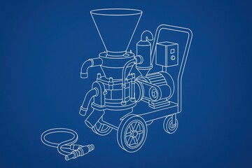 Technical illustration of an industrial machine with a funnel and motor.