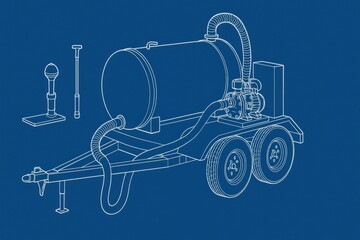 Technical line drawing of a trailer-mounted tank and equipment on a blue background.