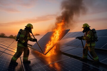 Two firefighters extinguish flames on a solar panel during sunset.