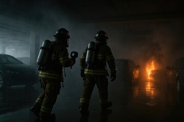 Two firefighters in gear enter a smoky parking garage to investigate a car fire.