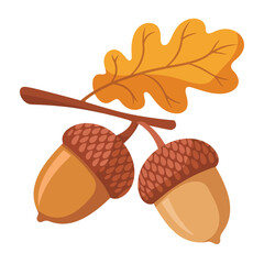 Autumn oak branch with two acorns and a yellow leaf