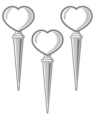Three Silver Heart Topped Pins with Tapered Bottoms Ideal for Crafts and Celebrations Representing Love and Affection