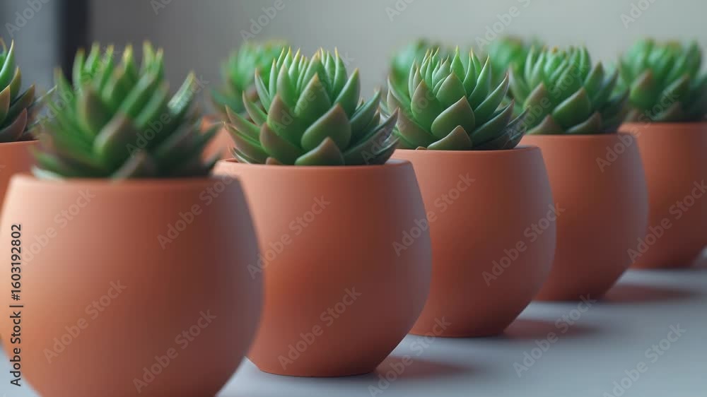 Poster a row of small potted succulents on a table, perfect for use as a decorative element or in a still l
