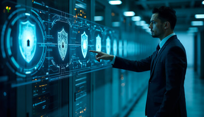 A Caucasian businessman in a dark blue suit touches a virtual screen displaying cyber shield icons in a brightly lit, modern office during a sunny afternoon.