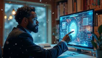 A biracial businessman in a smart casual outfit interacting with a virtual screen showing digital firewall and anti-virus technology representation while sitting in a quiet, wood paneled library