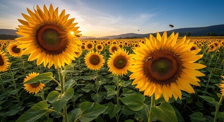 Obraz premium Sunflower Field at Sunset with Clear Sky and Distant Hills