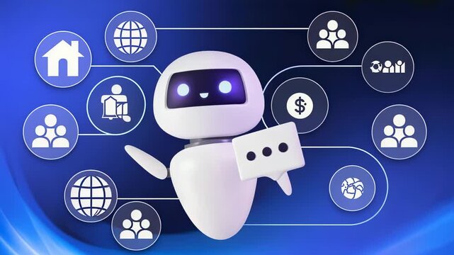 Friendly AI Chatbot with Icons on Blue Background