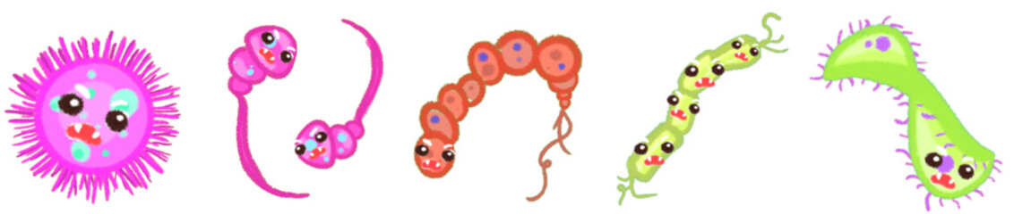 Colorful Cute Virus Clipart Set – Funny Cartoon Germs and Bacteria with Big Eyes – Science and Health Education Decor – Microbe Characters for Kids Projects, Posters, Stickers, and Digital Use