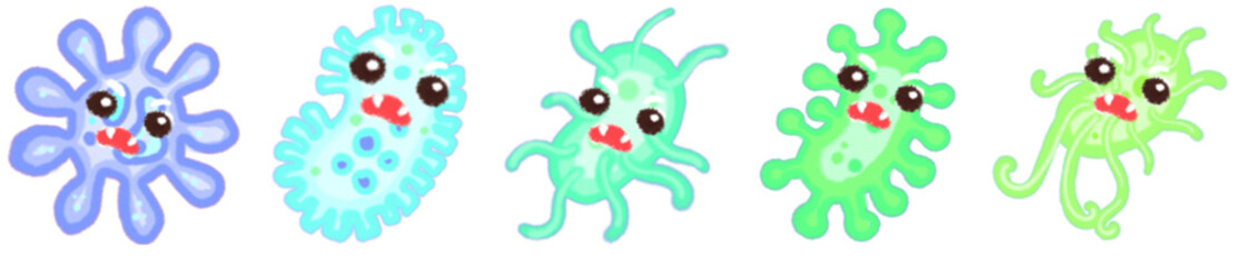Colorful Cute Virus Clipart Set – Funny Cartoon Germs and Bacteria with Big Eyes – Science and Health Education Decor – Microbe Characters for Kids Projects, Posters, Stickers, and Digital Use