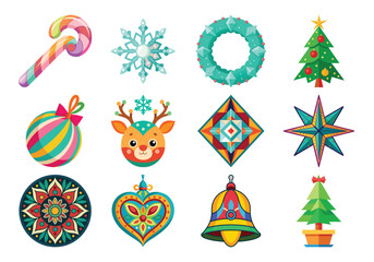 Fototapeta premium Collection of festive christmas ornaments and decorations isolated on white background