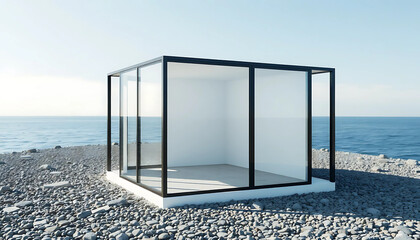 A white cube structure isolated on a pebble coast, geometric precision mirrored in its black metal frames and stone-inlaid floors.
