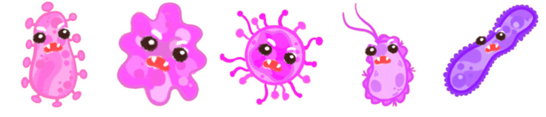 Colorful Cute Virus Clipart Set – Funny Cartoon Germs and Bacteria with Big Eyes – Science and Health Education Decor – Microbe Characters for Kids Projects, Posters, Stickers, and Digital Use