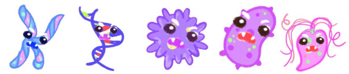 Colorful Cute Virus Clipart Set – Funny Cartoon Germs and Bacteria with Big Eyes – Science and Health Education Decor – Microbe Characters for Kids Projects, Posters, Stickers, and Digital Use