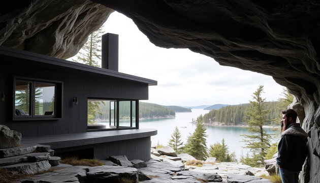 A split-level structure built into glacial rock shelves, its dark slate walls absorbing heat while windows overlook pine-lined coves.
