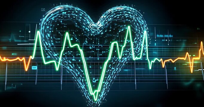 A digital heart beats with a pulsing electrocardiogram line, symbolizing life and health.