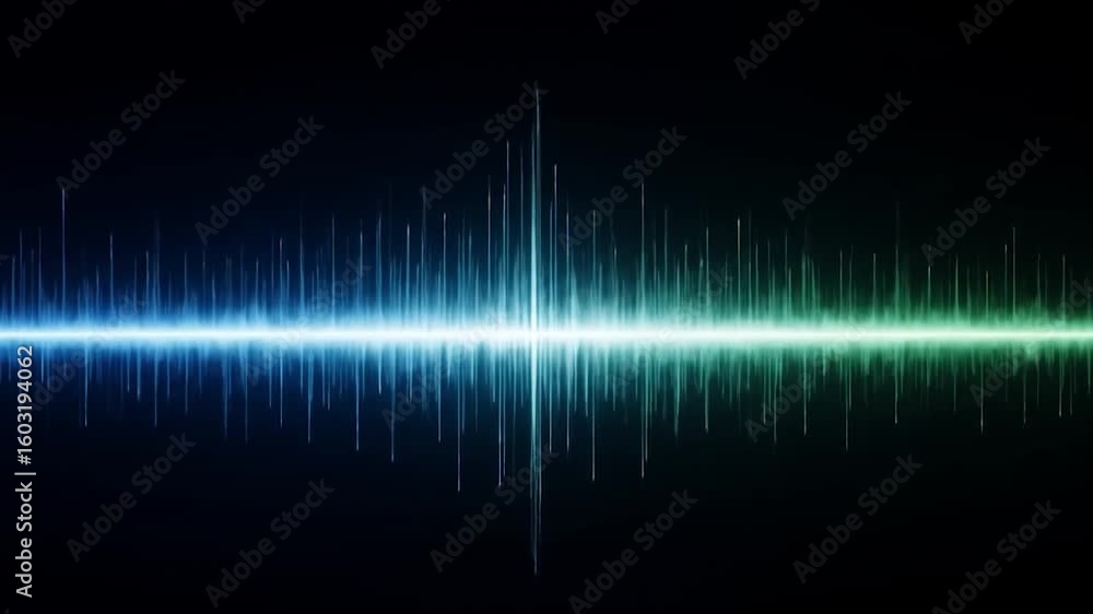 Poster oscillating audio spectrum: blue to green gradient with central vertical line animation