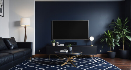 Beautiful modern living room with dark blue accent wall and black leather sofas in a sleek minimalist space