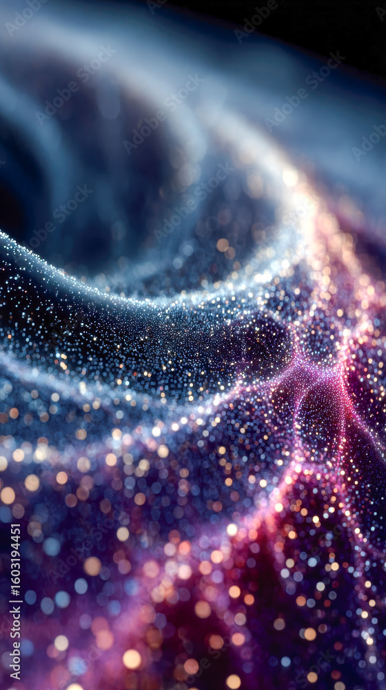 Poster abstract swirl of luminous particles and waves in deep purples and blues, creating a cosmic, motion-