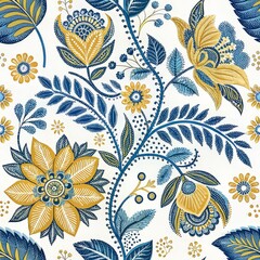Intricate Folk Art Floral Pattern in Blue and Gold.