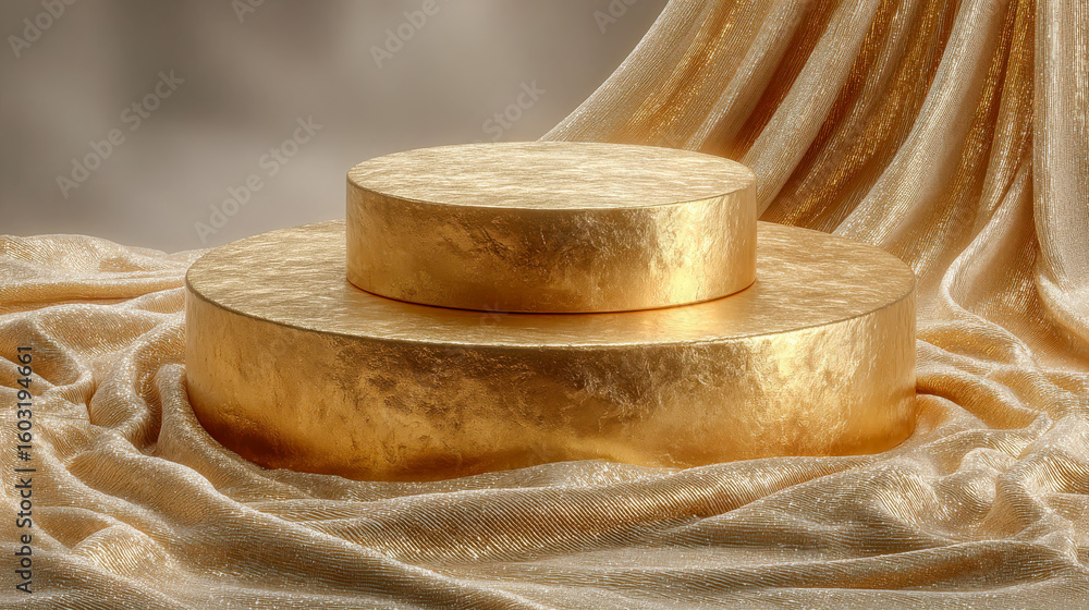 Poster luxurious golden podium with a three-tiered platform and shimmering fabric backdrop illuminated by s