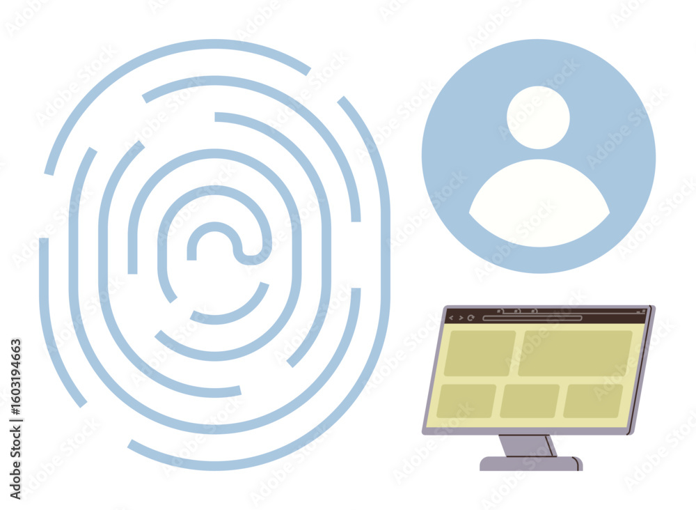 Aufkleber fingerprint lines, user profile icon, and monitor with webpage emphasize protection, secure access, 