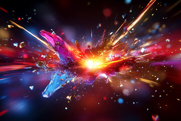 Chaotic explosion of vibrant red, gold, and white light beams radiating energy, celebration, and electrifying crowd movement
