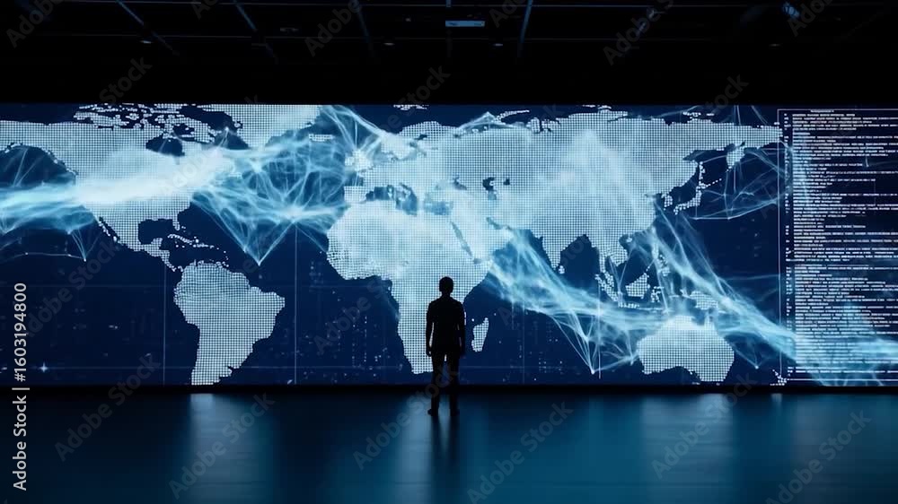Aufkleber person silhouetted before a world map display with data connections and code