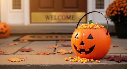 Happy halloween pumpkin bucket filled with candy corn on a porch