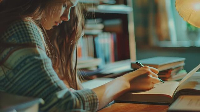 A woman sits at a desk, pen in hand, writing in a book