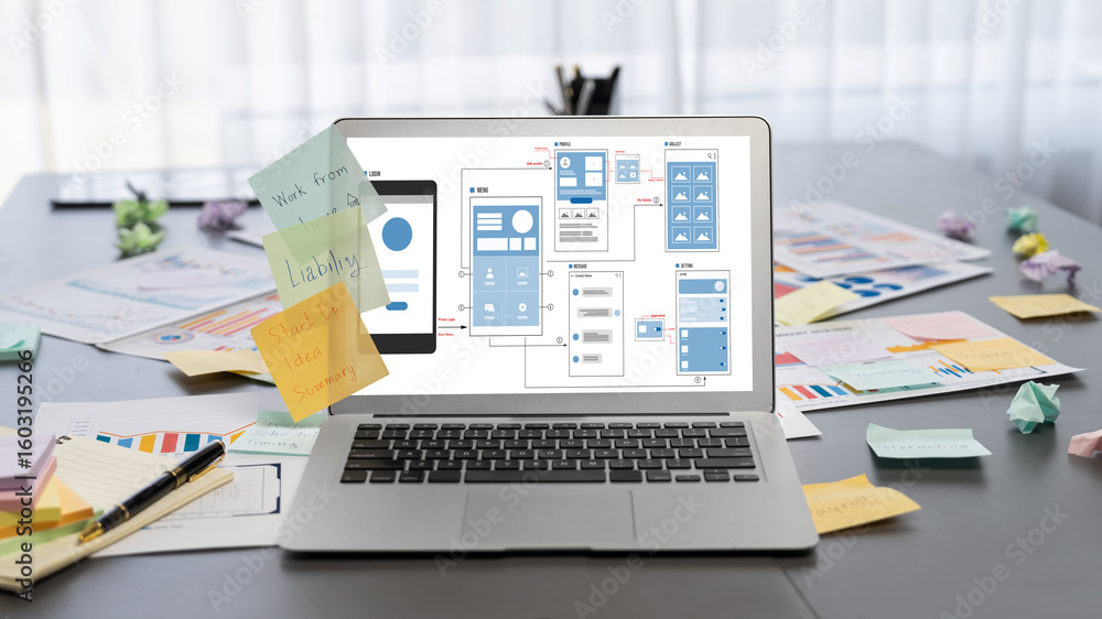 Poster sticky note for creative and analytic brainstorm for business idea with bi data dashboard on laptop 