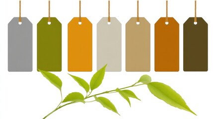 Colorful tags hanging with a sprig of leaves.