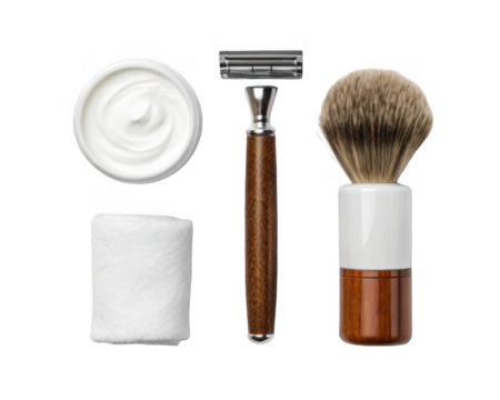 Classic shaving set with doubleedged razor shaving cream brush and towel isolated on transparent background