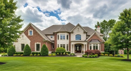 Luxurious tudor style mansion with manicured lawn and trees