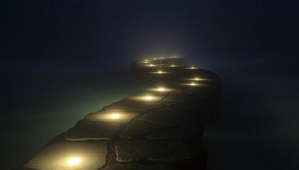 The retreat’s stone path glistens in low fog, lit gently by hidden LEDs, blending into the quiet rhythmic crash of invisible waves.