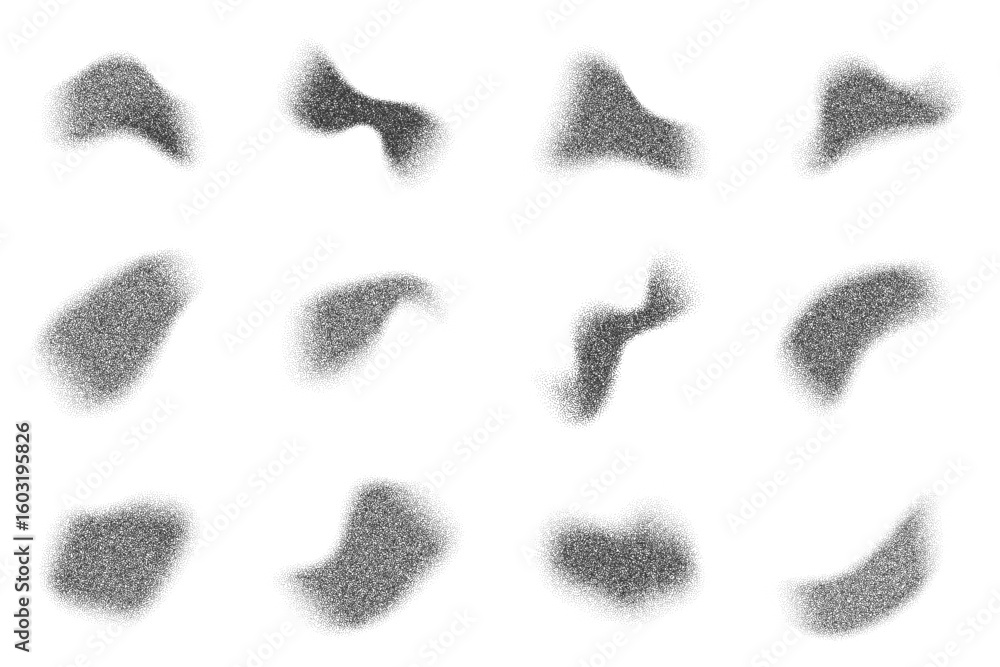 Poster grainy gradient shapes with pattern of noisy sand elements. abstract stipple splashes on white backg