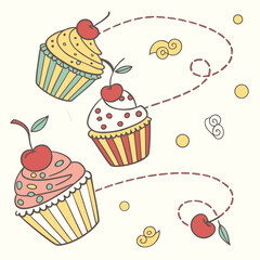 Hand Drawn Cupcakes with Cherries and Decorative Elements on Cream Background