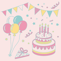 Cute Pastel Birthday Party Illustration with Cake and Balloons