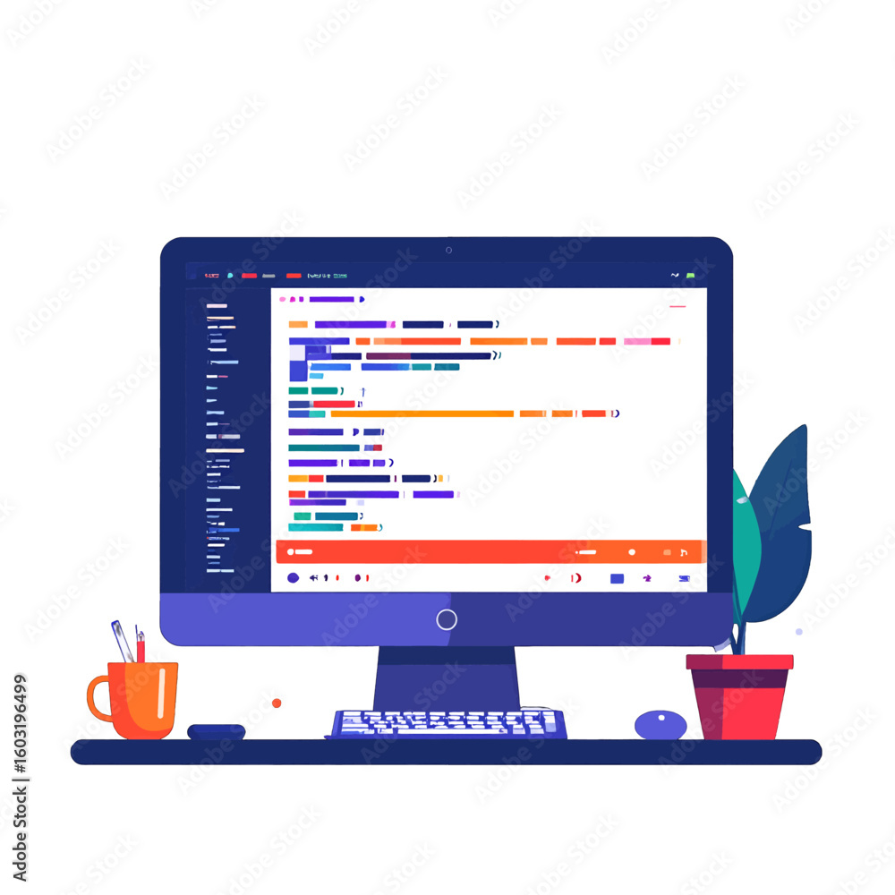 Poster colorful flat design computer monitor showing code
