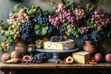 A luxurious still life in the style of old painting with an abundance of ripe grapes, figs, peaches, nuts and exquisite blue cheese. 